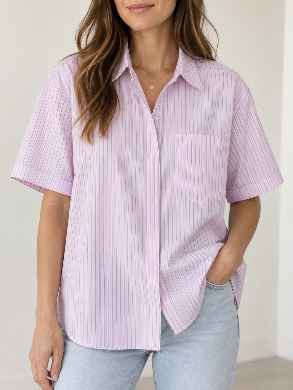 Zara Light Pink Striped Short Sleeve Button-Up Shirt